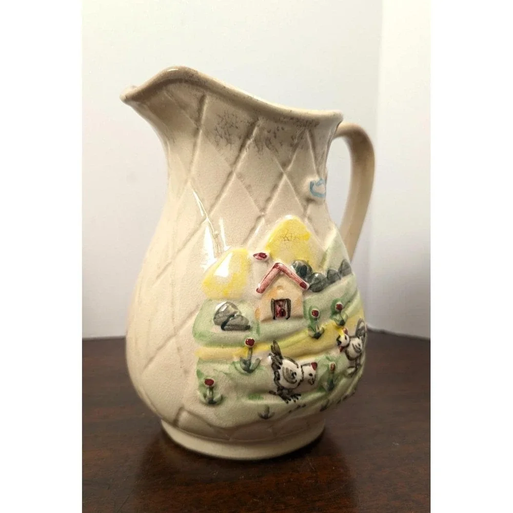 Vintage Hand Painted Country Farm Pitcher Chicken Cottage Farmhouse Pottery
